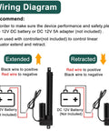 Wiring diagram for a 12V 4-inch stroke linear actuator with mounting bracket; shows extended and retracted positions and wiring.
