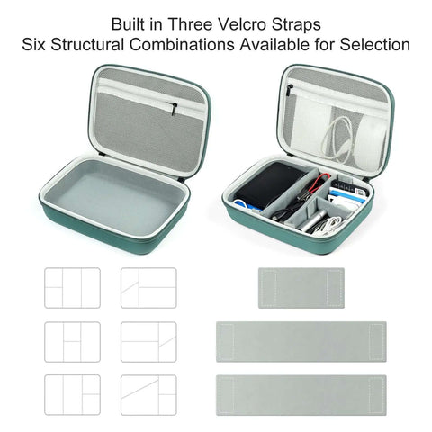 Sick EVA Electronics Storage Case Large Shockproof Waterproof Accessory Tote For Cables Phones And Tech Gear Organizing While Traveling Or Working In Rugged Green showing Velcro straps and interior pockets.