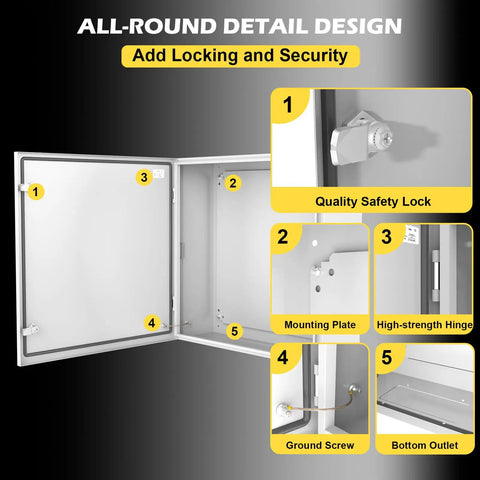 Built Like A Brick Is A Dang Tough Outdoor Electrical Junction Box 24x24x8 Inch Steel Cabinet features safety lock and hinge details.
