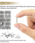 M4 Phillips Pan Head Machine Screw Set With Nuts And Washers, 372-Piece Stainless Steel 304 Assortment Kit, fully threaded screws