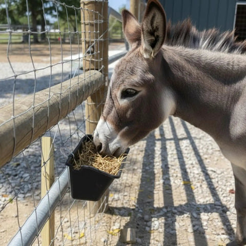 Premium 5 Qt Hanging Goat Feeders And Mineral Troughs 6 Pack Fence Mount Livestock Poultry Bins with donkey feeding.