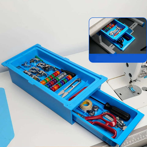 Heavy Duty Sewing Machine Sliding Drawer Organizer Double Storage Container For Bobbins Presser Feet Tools And Spare Parts Multiuse Case For Sewing Tables And Craft Setups Easy Access And Quick Swaps with visible tools and compartments