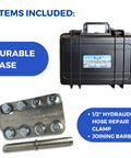 Fast In-Field Hydraulic Hose Repair Clamp For Leaks 1/2 Inch High-Pressure Hose Patch with case, clamp, and joining barb shown