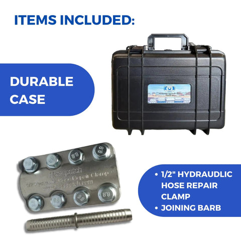 Fast In-Field Hydraulic Hose Repair Clamp For Leaks 1/2 Inch High-Pressure Hose Patch with case, clamp, and joining barb shown