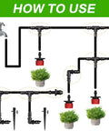 Diagram showing use of Drip Irrigation Fittings Kit For Quarter Inch Tubing, 110 Piece Set With 50 Couplings, 30 Tees, 20 Elbows, 10 End Plugs, Barbed Connectors For Drip And Sprinkler Systems, Durable Plastic in garden setup.