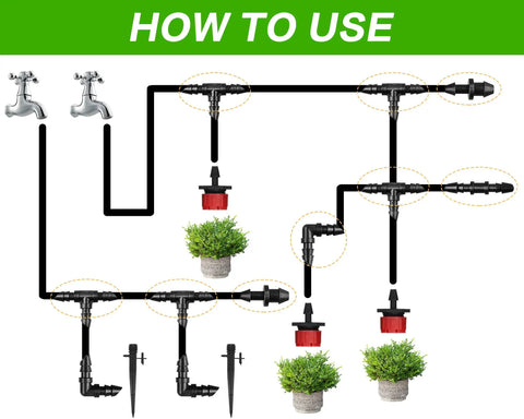 Diagram showing use of Drip Irrigation Fittings Kit For Quarter Inch Tubing, 110 Piece Set With 50 Couplings, 30 Tees, 20 Elbows, 10 End Plugs, Barbed Connectors For Drip And Sprinkler Systems, Durable Plastic in garden setup.