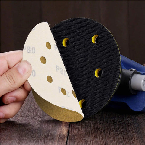 5 Inch Hook And Loop Sanding Discs Set 100 Pcs 60 80 120 150 220 Grits Aluminum Oxide With Resin Over Resin Bonded Grains pad on sander