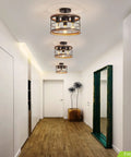 Industrial Farmhouse Dope Semi Flush Mount Ceiling Light Fixture With White Wood Grain Metal Cage installed in hallway