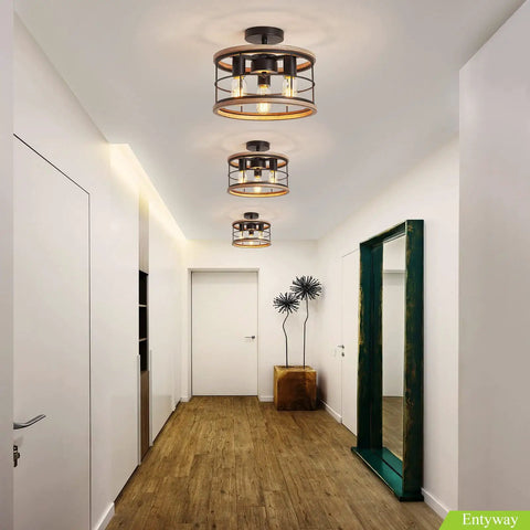 Industrial Farmhouse Dope Semi Flush Mount Ceiling Light Fixture With White Wood Grain Metal Cage installed in hallway