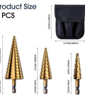Straight Up High Speed Titanium Coated Step Drill Bit Set Engineered For Smooth Holes Clean Cut Through Aluminum Wood And Stainless Steel Legit Workshop Grind Kit, three graduated drill bits with dimensions and pouch.