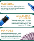 Heavy Duty Polyurethane Coiled Air Hose 1/4 X 25 Ft Self Retracting Spring Design With Quick Connect Coupler And Emissions Plug Kit Built Tough Air Compressor Shop Rig Ready Purple material and coupler details