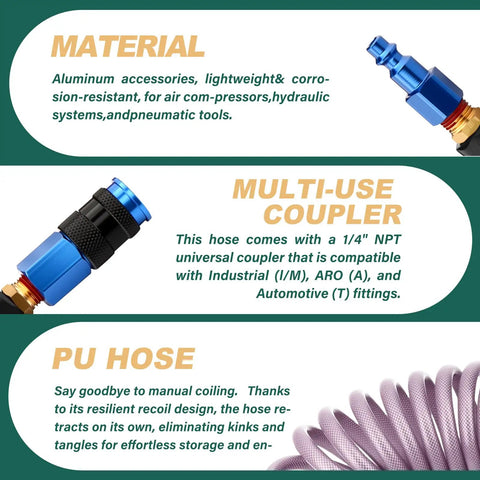 Heavy Duty Polyurethane Coiled Air Hose 1/4 X 25 Ft Self Retracting Spring Design With Quick Connect Coupler And Emissions Plug Kit Built Tough Air Compressor Shop Rig Ready Purple material and coupler details