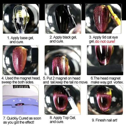 Step-by-step guide using Cat Eye Gel Nail Polish Kit With Magnetic Stick 9D Dual Colors HEMA Free Galaxy Chameleon Effect UV LED Safe.