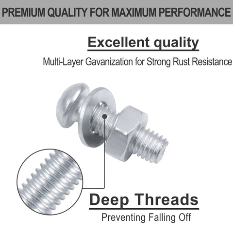 Close-up of Phillips bolt, hex nut, and washer from All In One 500 Pcs Screws Nuts And Washers Set With 130 Phillips Bolts 125 Hex Nuts And 245 Metal Washers.