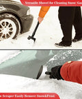 Roadside Emergency Kit For Cars And Trucks With Air Compressor, Jumper Cables, First Aid Kit, Blanket, Shovel, Winter Auto Essentials, Survival Gear For Men And Women, Ready For Any Breakdown Or Road Trip showing snow shovel and scraper in use on snowy car.