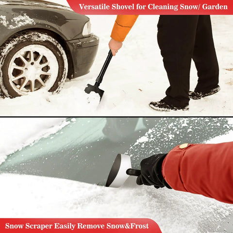 Roadside Emergency Kit For Cars And Trucks With Air Compressor, Jumper Cables, First Aid Kit, Blanket, Shovel, Winter Auto Essentials, Survival Gear For Men And Women, Ready For Any Breakdown Or Road Trip showing snow shovel and scraper in use on snowy car.