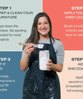 Woman holding All In One Chalk Paint For Furniture And Cabinets With Built In Primer And Top Coat, demonstrating application steps.