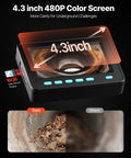 Pro Grade Sewer Camera With Crisp 4.3 Inch Screen And 98 Foot Cable shows 4.3 inch 480P color screen with clear pipe inspection view.