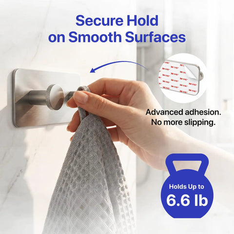 Heavy Duty Double Adhesive Wall Hooks Peel and Stick Towel Hook Satin Finish holding a towel on smooth surface with secure grip.