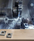 PCD Lathe Turning Inserts CCGT09T302 for precision machining in CNC lathe, shown with machining operation and tool inserts on display
