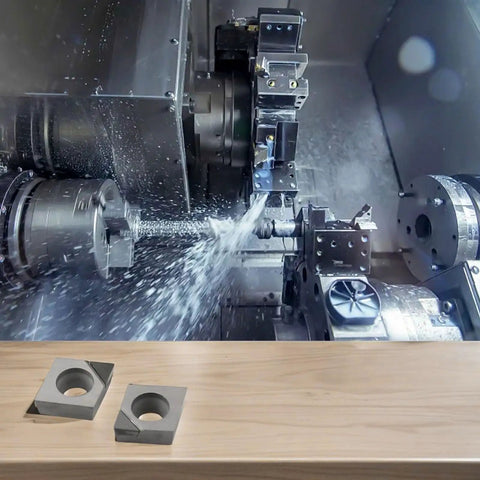 PCD Lathe Turning Inserts CCGT09T302 for precision machining in CNC lathe, shown with machining operation and tool inserts on display