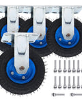 Set of four industrial pneumatic caster wheels with 360 degree swivel top plate, fixed plate, and stainless steel screws
