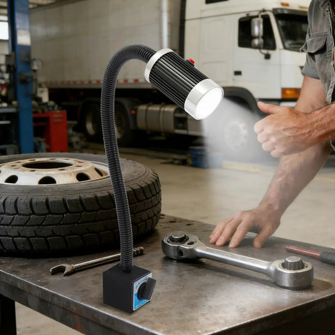 Super Bright 9W Led Machine Tool Light With Magnetic Base And Flexible Gooseneck illuminating a workbench with tire and tools.