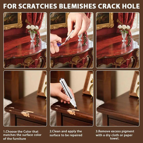Knock Out Those Dang Scratches With This Legit Furniture Repair Set bringing six wood touch up markers in action on a scratched table.