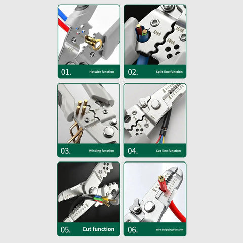 Compact Manual Wire Stripper Pliers Cutter And Gripper Tool 7.4 Inch functions including wire stripping, cutting, and winding.