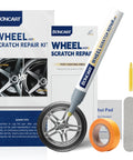 Wheel Scratch Repair Kit For Cars Rim Touch Up Paint Pen In Silver Curb Rash Repair displayed with components and packaging