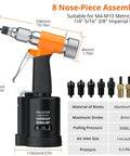 Go-To Pneumatic Hydraulic Rivet Nut Gun Set with 8 mandrels, heavy-duty riveter specifications, ideal for DIY marine repairs.