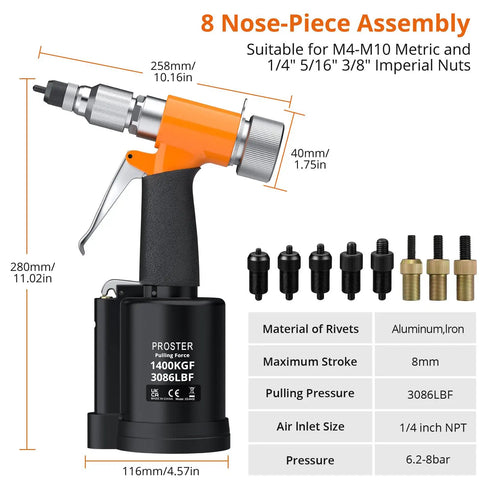 Go-To Pneumatic Hydraulic Rivet Nut Gun Set with 8 mandrels, heavy-duty riveter specifications, ideal for DIY marine repairs.