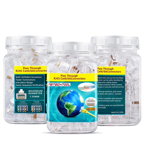 Three jars of Cat6a Pass Through Ethernet Connectors 8P8C Gold Plated 23 AWG for unshielded twisted pair solid wire and standard cables