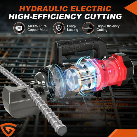 Portable 1400W Hydraulic Electric Rebar Cutter, 7/8 Inch Heavy Duty Steel Bar Nipper showing high-efficiency internal motor and cutting mechanism.