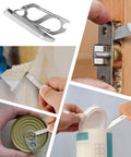 Everyday Carry Pry Bar With Carabiner Tiny Stainless Steel Multitool shown opening boxes, cans, and prying various surfaces.