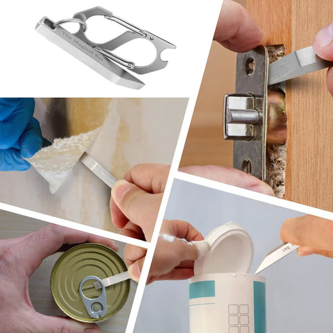 Everyday Carry Pry Bar With Carabiner Tiny Stainless Steel Multitool shown opening boxes, cans, and prying various surfaces.