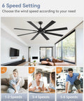 6-speed 72 Inch Ceiling Fan No Light With Remote Control 8 Blades Quiet DC Reversible Motor in living room setting