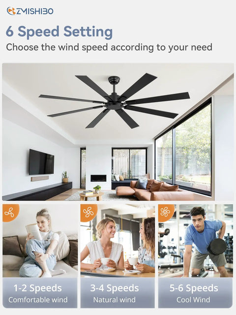 6-speed 72 Inch Ceiling Fan No Light With Remote Control 8 Blades Quiet DC Reversible Motor in living room setting