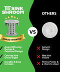 Comparison of Inside Sink Drain Protector Hair Catcher And Strainer on left with generic catcher on right, highlighting features and awards