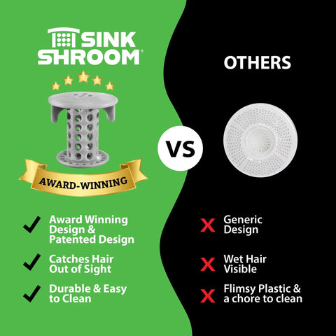 Comparison of Inside Sink Drain Protector Hair Catcher And Strainer on left with generic catcher on right, highlighting features and awards