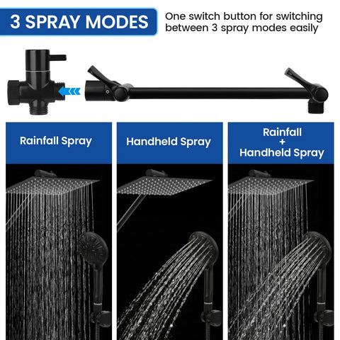 High Pressure Rainfall Shower Head And Handheld Shower Combo with 11 Inch Extension Arm showing 3 spray modes