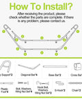 Installation guide for Heavy Duty Steel Hammock Stand Built To Last, Tough As Nails With 550 Pound Capacity, part numbers and components shown.