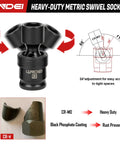Close-up of heavy-duty metric swivel socket from Three Eighths Inch Drive Universal Impact Socket Set, 19 Pieces CR-MO.