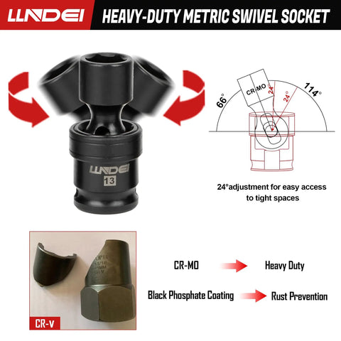 Close-up of heavy-duty metric swivel socket from Three Eighths Inch Drive Universal Impact Socket Set, 19 Pieces CR-MO.