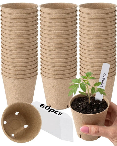 Eco Friendly 3.15 Inch Peat Pots Set Of 60 Biodegradable Seed Starter Pots With 60 Labels includes nursery pots and tomato seedling