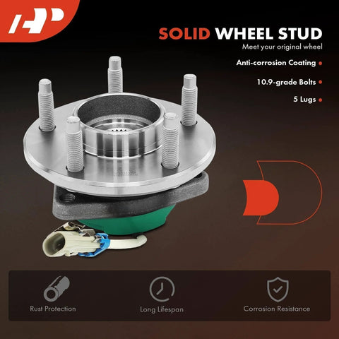 Pair of front wheel hub bearing assemblies, sealed hub with ABS sensor, replacement for Chevy Impala/Monte Carlo/Uplander, 5-lug