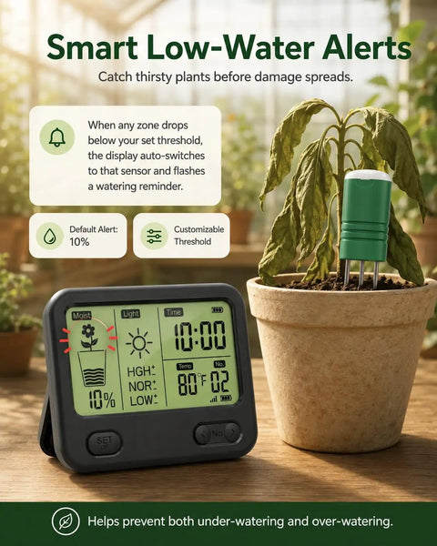12 Zone Wireless Soil Moisture Meter For Plants With 4 In 1 TDR Tester, Soil Thermometer, Light Sensor And Display, 230 Ft Range, IPX5 Waterproof For Indoor Outdoor Garden And Yard Monitoring showing low-water alert display