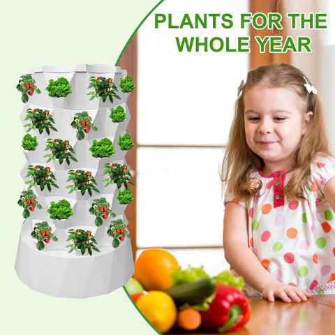 Dope 14 Layer Vertical Garden System Kit With 70 Slots shown with child and vegetables, demonstrating indoor use