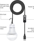 Two Pack USB LED Camping Light Bulbs with 8.2 Ft Extra Cord Tent Lantern showing USB cable and switch