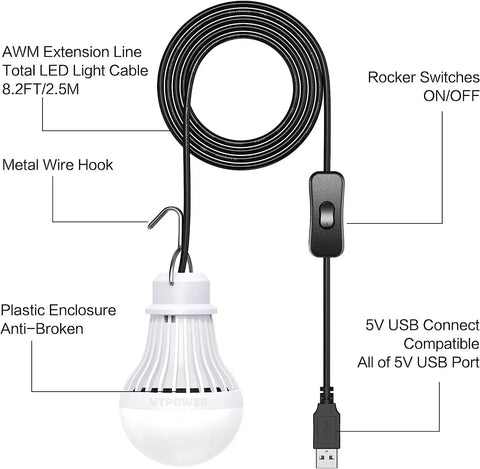 Two Pack USB LED Camping Light Bulbs with 8.2 Ft Extra Cord Tent Lantern showing USB cable and switch